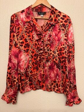 St. John Silk Blouse Size 10 Animal Print Chain Floral Ruffle Front StatementTop